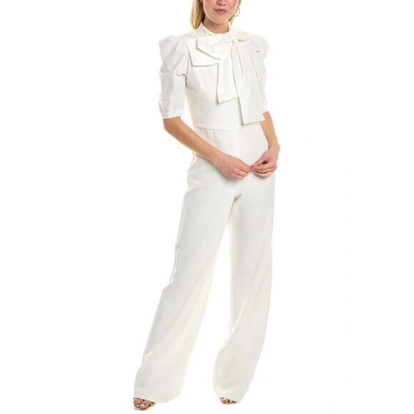 BLACK HALO Ara Tie Neck Puff Sleeves Jumpsuit White Size 10 NWT - Picture 1 of 12